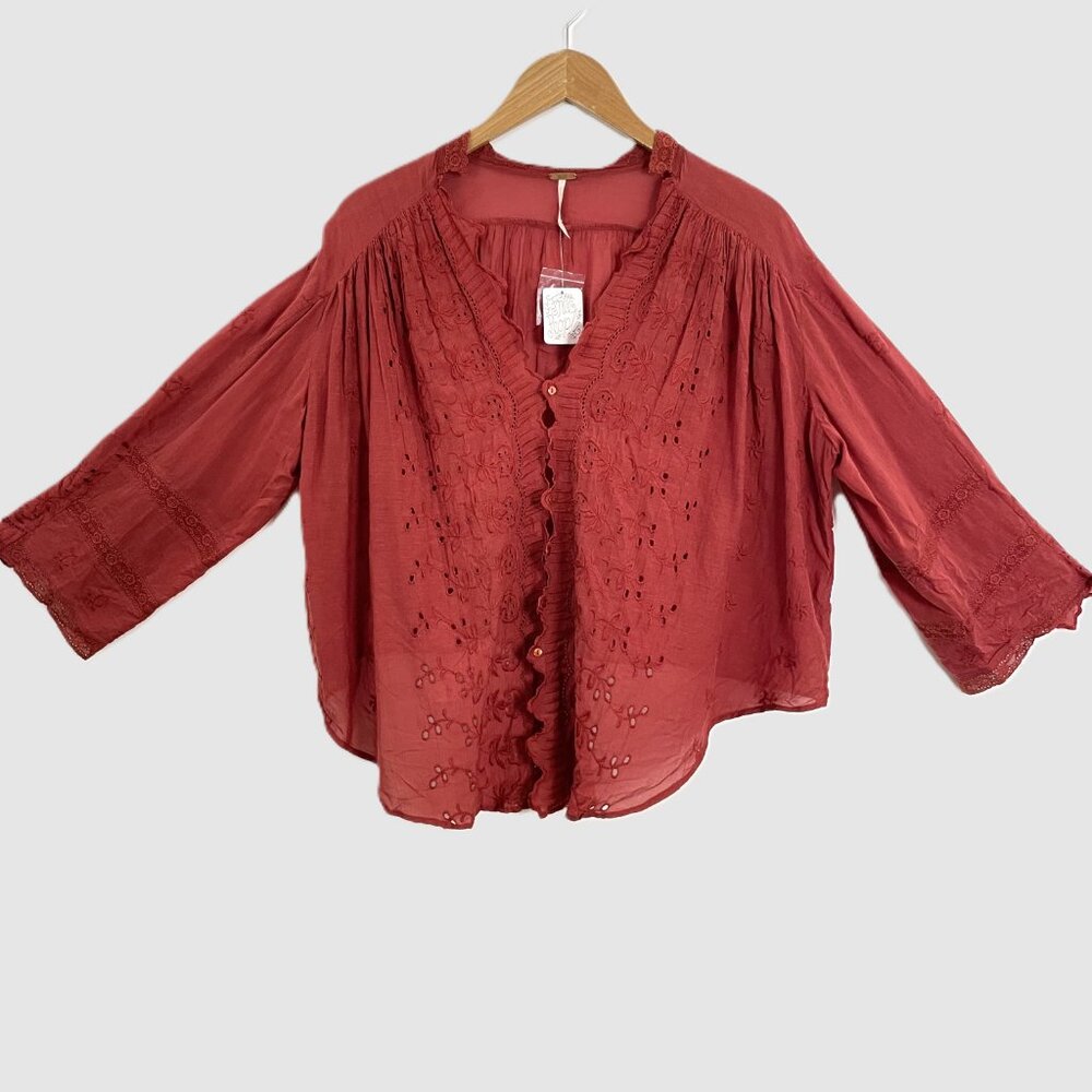 Free People Boho Peasant Embroidered Eyelet Blouse Top